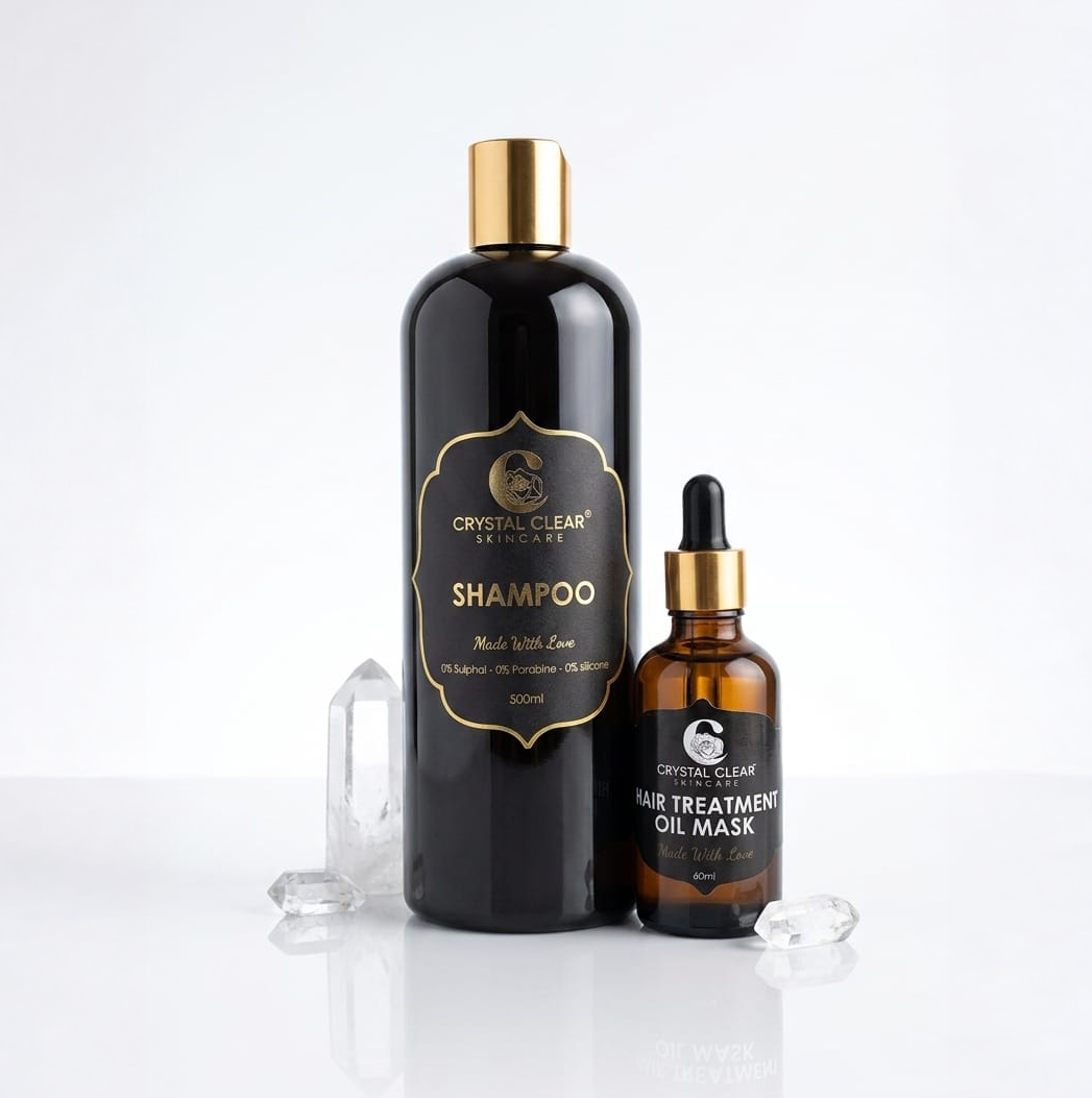 Shampoo bottle and hair treatment oil mask on a white background